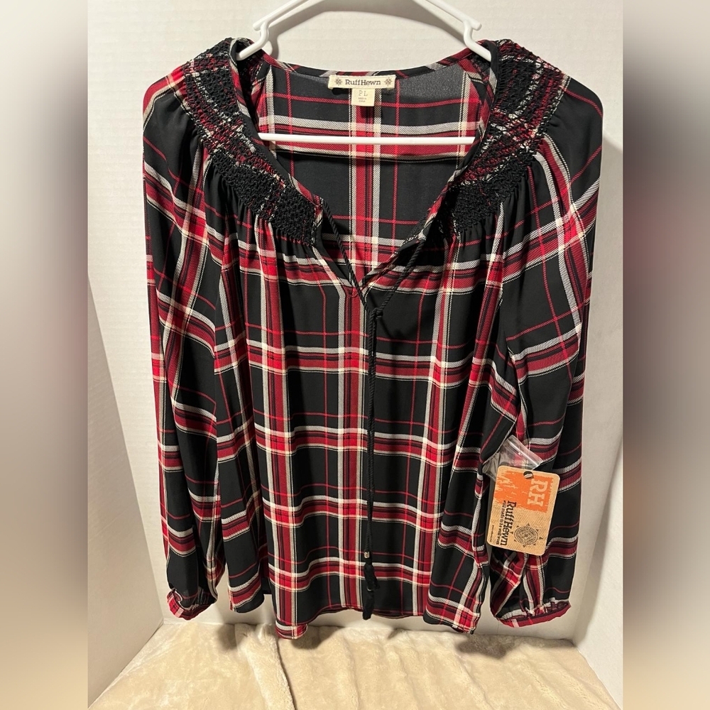 **Chic Ruff Hewn Plaid Tassel Women's Shirt- NWT - Petite Large